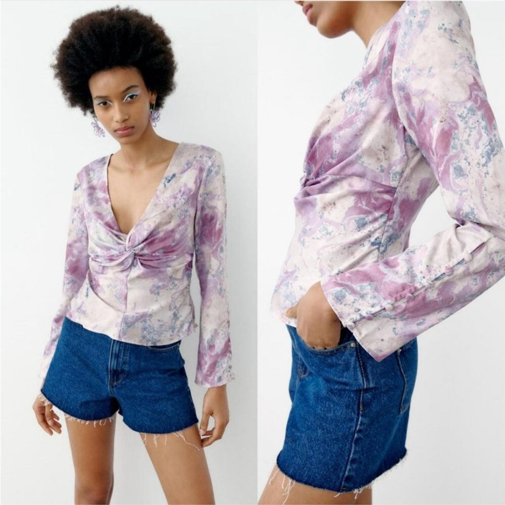 Marble Print Twist Front Top - Purple & Lilac Satin Blouse.
